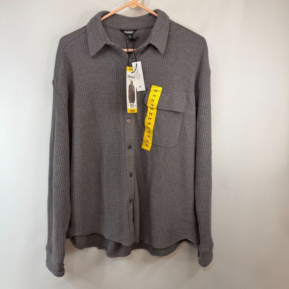 Size M Buffalo Jeans Waffle Knit Button Up Shirt NWT Heather Rock Gray